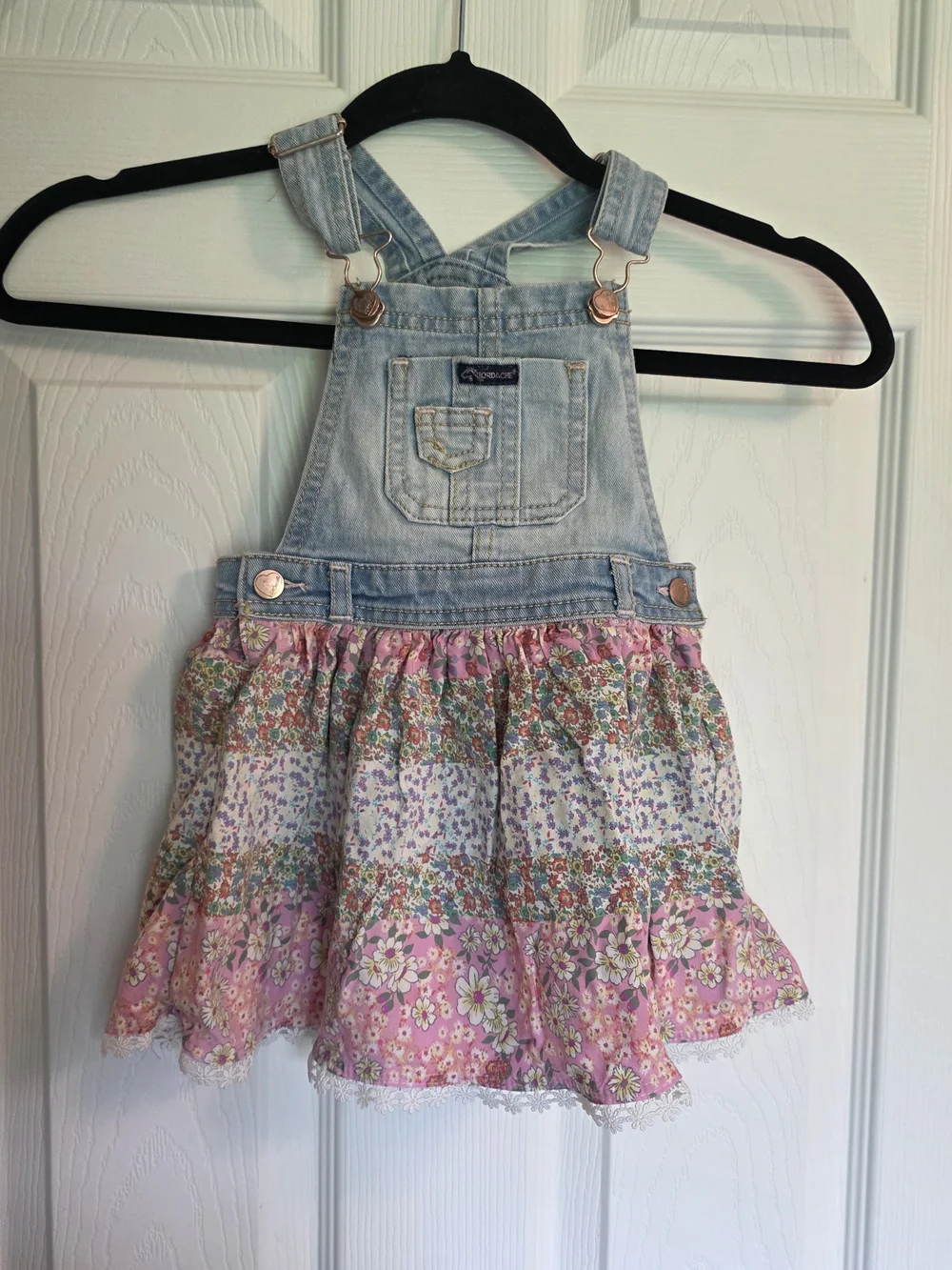 Jordache Light Wash Denim Overall Dress with Pink Floral Tiered Skirt